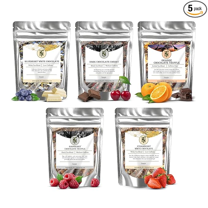 Nelson's Tea Chocolate Covered Fruit Sampler Pack Tea - Blueberry White Choc, Dark Chocolate Cherry, Orange Truffle Choc, Raspberry Truffle Choc., Strawberry White Choc.- Sample Sizes