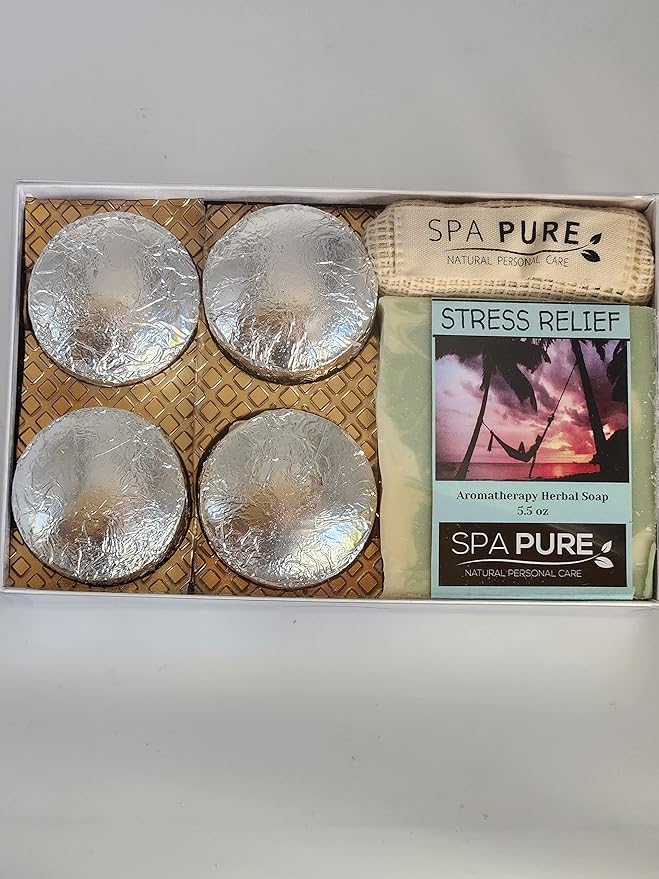 Spa Pure Aromatherapy Gift Set - Stress Relief Artisan Soap & 4 Shower Steamers - Made with Plant Based Ingredients - Cotton Shower Bag & Soap Bag