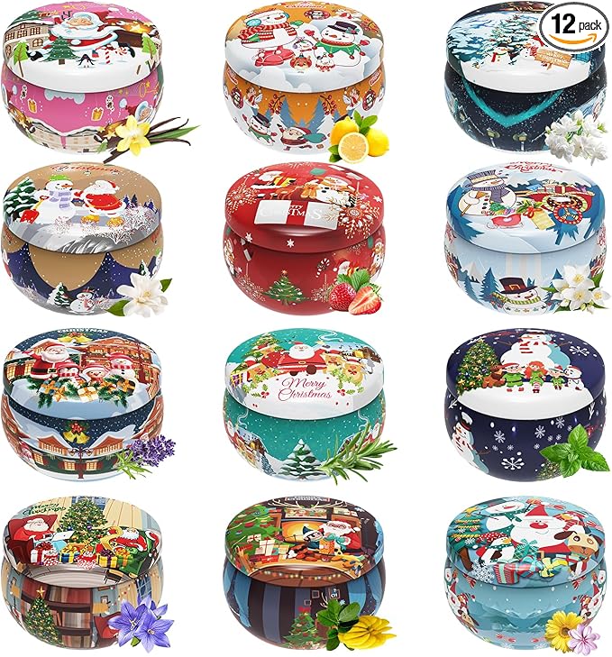 Christmas Candles Gifts for Women, Primevolve Scented Candles Set for 12 Bulk Home Aromatherapy, Strongly Fragrance Long Lasting Portable Travel Tin for Spa Bath Yoga