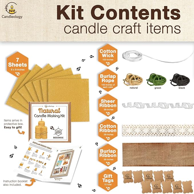 Beeswax DIY Candle Making Kit - Natural Candle Rolling Kit for Beginners with 7 Beeswax Sheets & Multiple Decorations to Make Candles
