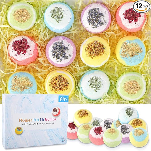 Bath Bombs for Women, USIN Natural Bubble Bath Balls Gift Set, Pack of 12 Pcs Multiple Bath Bomb, SPA Relaxing, Self Care, Gifts for Women, Men, Girls, Boys, Natural Flower Petals, 3.53 Oz Large Size