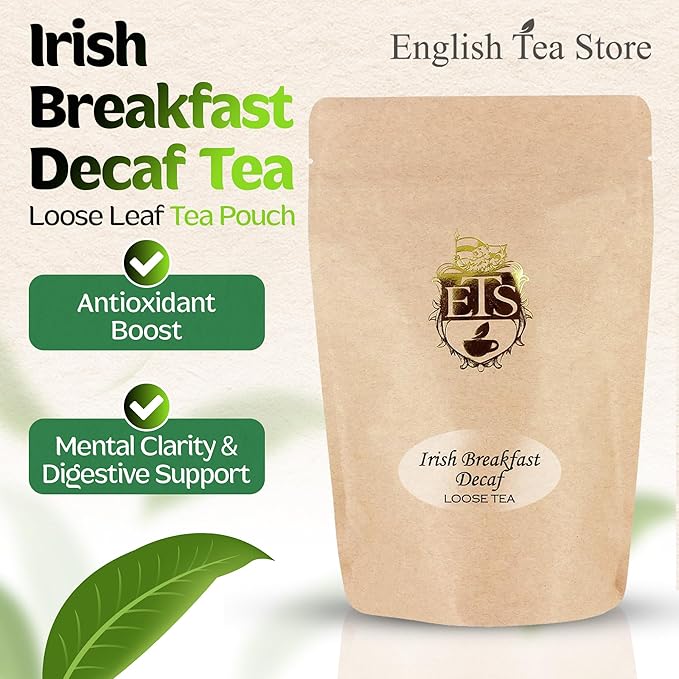 CO2 Decaffeinated Irish Breakfast Tea Pouches - 4oz | Loose Leaf Black Tea | Bold Full-Bodied Flavor | Blend of Assam and Kenyan Teas | Naturally Decaffeinated Using CO2 Process