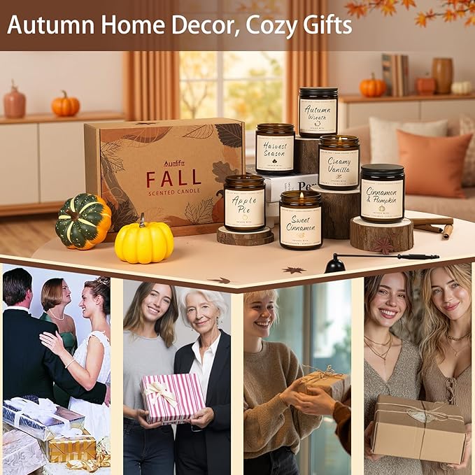 Auelife Fall Candles, 6 Pack Scented Candle Set, 42 oz Autumn Soy Candles for Home Scented, Fall Candle Gifts Set for Men and Women, Autumn Home Decor of Wreath/Apple/Latte/Harvest/Vanilla/Cinnamon