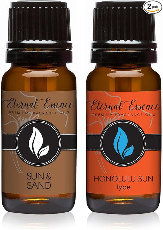 Eternal Essence Oils 2 Pack 10ml Premium Fragrance Oil - Sun & Sand and Honolulu Sun Type - for Candle, Soap Making, Aromatherapy, Diffusers, Home Care, & Humidifiers