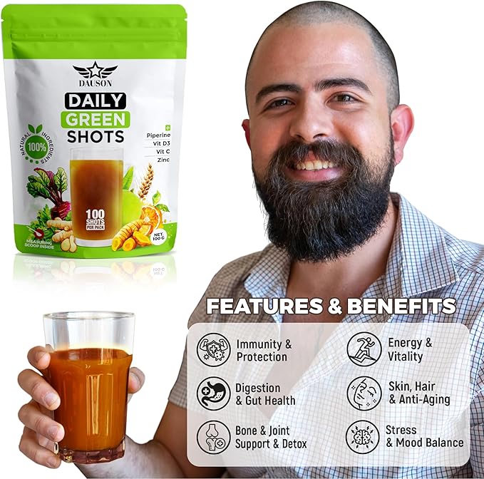 Daily Green Shots – Superfood Powder with Wheatgrass, Matcha, Beetroot, Ashwagandha, Turmeric & Prebiotics – Immunity & Energy Support – Vegan Greens Supplement – 100 Shots