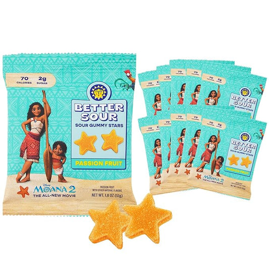 Better Sour Disney’s Moana 2 Passion Fruit Gummy Stars Candy Naturally Flavored Plant-Based Low 4g/70 cal per 1.8oz Sugar Healthy Sour Gummy CandyBag Healthy Treats for Teens & Adults (Pack of 10)