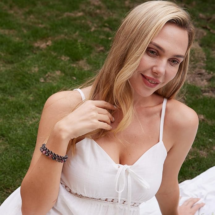 Bivei Natural Gemstone Semi Precious Healing Crystals Handmade Stretchy Round Beads Bracelet, Enhance Positive Energy