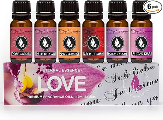 Eternal Essence Oils Love Set of 6 Premium Fragrance Oils - Rose, PS I Love You, Amber Romance, Secret Crush, Forever Yours and Sugar Kiss - for Diffusers, Candle & Soap Making, & Aromatherapy - 10ML