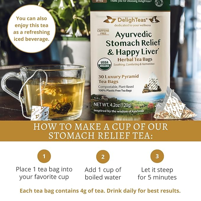 DelighTeas Liver Detox Tea Bags | Eco-Conscious Pyramid Tea Bags | Ayurvedic Stomach Relief & Liver Support | USDA Organic, Vegan, Caffeine Free, Kosher | 30 Tea Bags, 4g each
