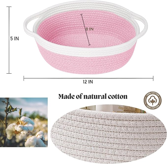 2 Pack Small Woven Storage Basket with Handles 12"x8"x5", Decorative Rope Bin for Home Organization, Shelf Storage,Cotton Rope Room Shelf Storage Basket with Handles