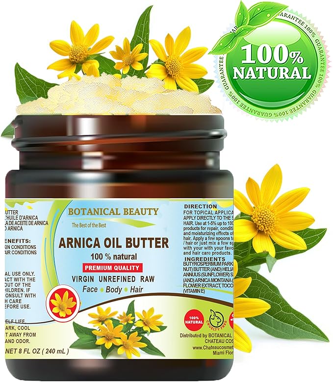 Botanical Beauty ARNICA OIL BUTTER Arnica Montana in Shea Butter 100% Natural for FACE, SKIN, BODY, HAIR, NAILS Skin Moisturizer Oil Butter, Skin Nourishing Oil Butter (8 Fl Oz)