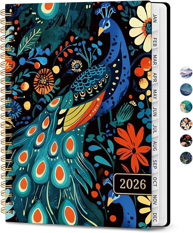 2026 Planner, Monthly and Weekly Calendar Planner for Women, January 2026 - December 2026, Hardcover Pretty 2026 Agenda Planner Book with Tabs, Spiral Bound, Perfect for School Office Home Supplies, 6.3" x 8.5" - Majestic Peacock