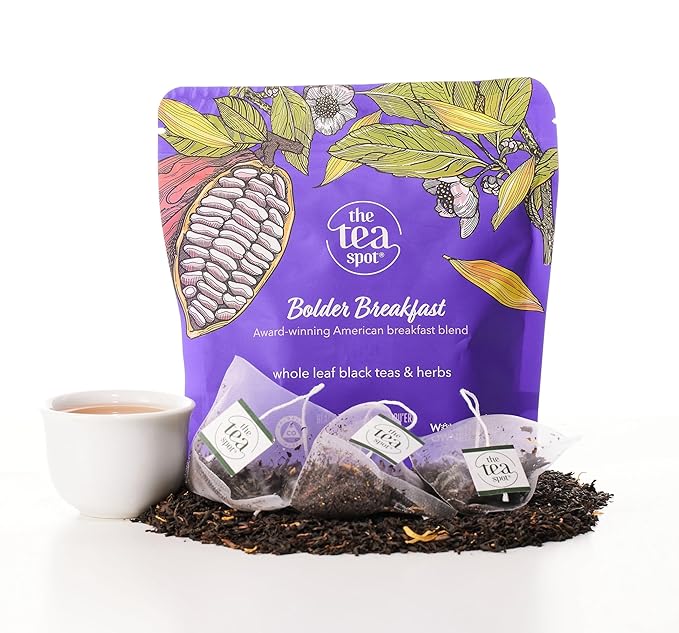 The Tea Spot Bolder Breakfast Tea with Dark Chocolate Flavoring | Blend of Black Tea, Pu’erh Tea, Calendula Flowers, Sunflower Petals, and Chocolate Flavoring | 15 Tea Bags