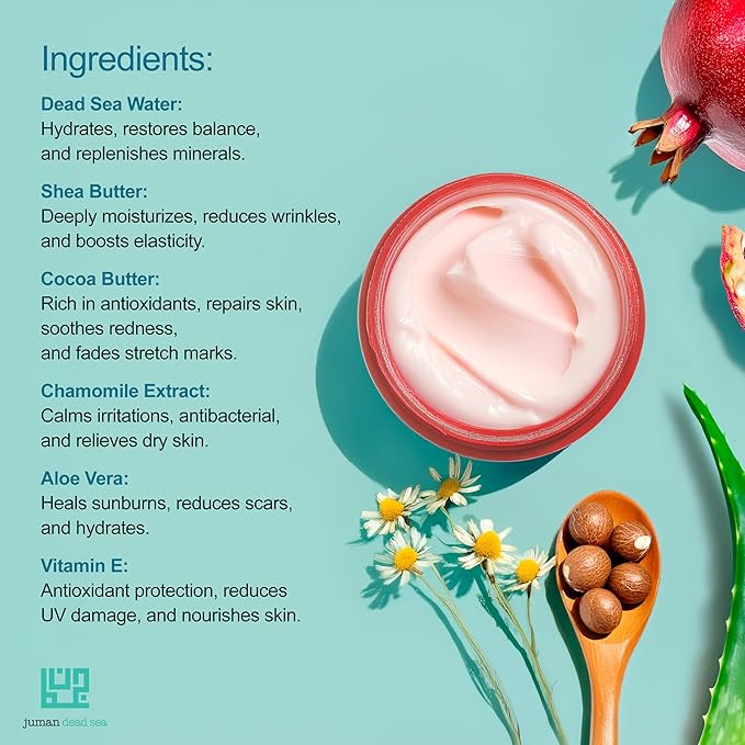 JUMAN Dead Sea Minerals Body Butter with Vitamin E | Made with Active Natural Ingredients | Nourishing Blend of Cocoa Butter | Pomegranate Scented Shea Butter | 7.1oz