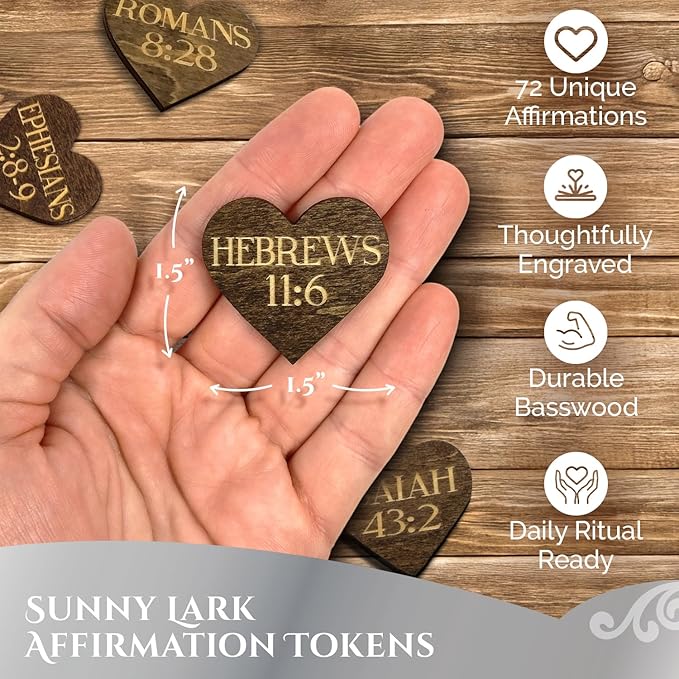 Biblical Affirmation Wood Cutouts | 72 Unique Laser Engraved Wood Hearts with Bible Verse Passages | Includes Desktop Affirmation Holder | Daily Religious Prayer Gift