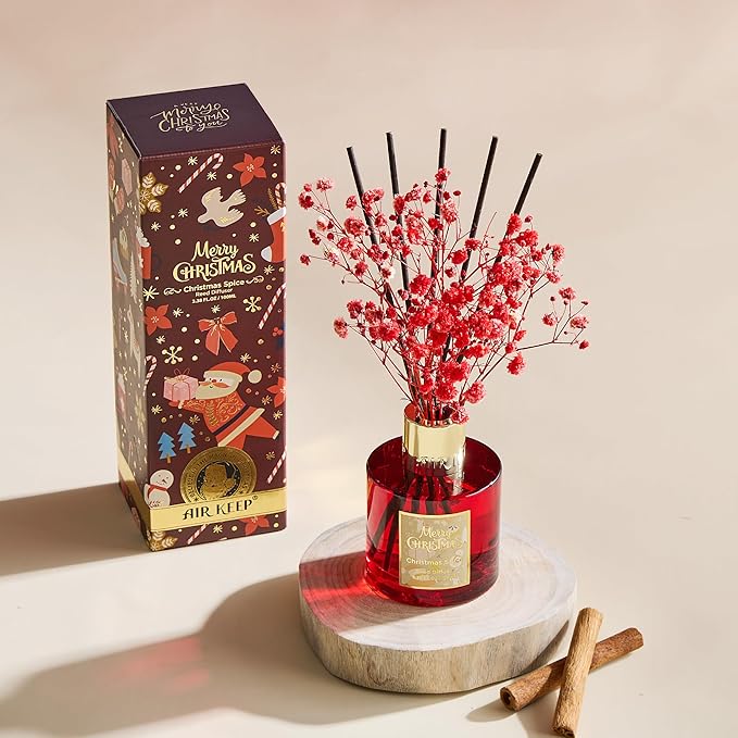Airkeep Christmas Reed Diffuser Set - 3.38 fl oz (100 ml) Christmas Spice Oil for Home Fragrance, Bathroom Shelf Decor - Christmas Day with 8 Sticks