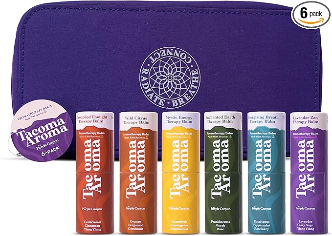 Aromatherapy 6 Pack of Essential Oils Balm Sticks In Travel Case | Aromatherapy Balms Gift Set of Pure Essential Oil Blends | Perfect Mindfulness Gift and Stress Relief Gifts for Women and Men