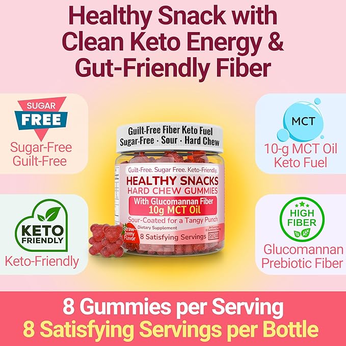 SHIZAM High-Fiber Keto Snacks, Healthy Snack for Adults & Kids, for Men & Women, MCT Oil C8 C10, Fiber Keto Gummies, Gluten Free No Sugar Low Calorie Low Carb Healthy Gummy Candy, C8 MCT Oil Powder