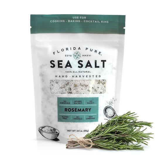 FLORIDA PURE Rosemary Sea Salt - 80+ Mineral Sea Salt, Natural, Unrefined, Non Iodized - for Baking, Cooking, Seasoning & Enhancing Taste - Hand-harvested Flaky Sea Salt (3 oz. Pouch)