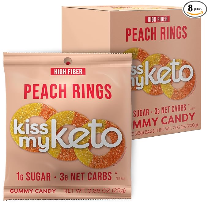 Kiss My Keto Sugar Free Gummies, Peach Rings 8-Pack – Satisfy Cravings while Staying in Ketosis – High Fiber, 3g Net Carbs, Non-GMO, Vegan, & No Gluten – Calorie-Friendly Vegan Candy