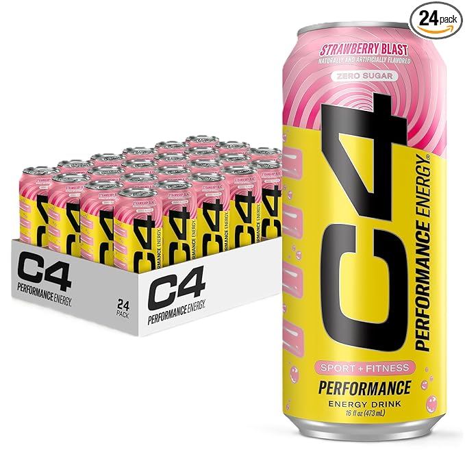 Cellucor C4 Performance Energy Drink | Strawberry Blast | Zero Sugar Carbonated Preworkout Energy | 200mg Caffeine with Beta Alanine | 16 Fl Oz (24 Pack)