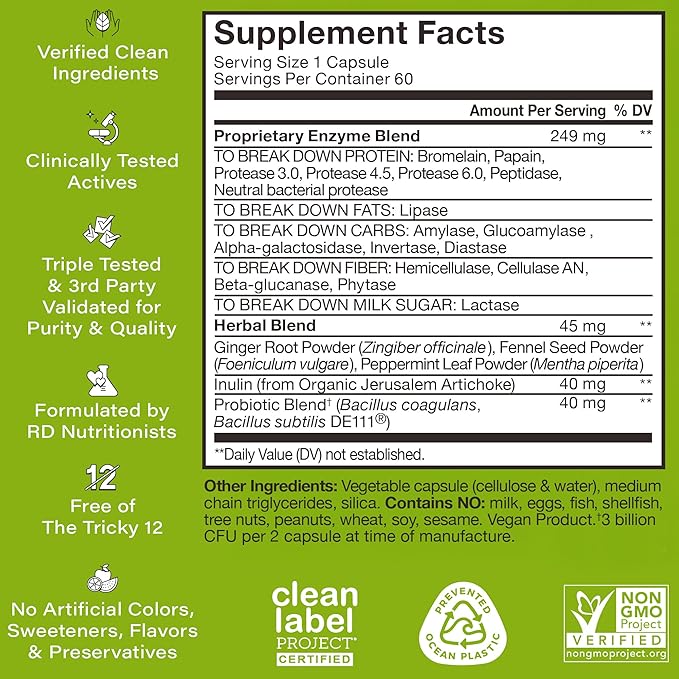 HUM Flatter Me Digestive Enzymes Plus Prebiotics & Probiotics, Digestive Health Bloating Supplement for Women & Men, Fast Acting Anti Bloat Pills Multi Enzyme for Debloating, Vegan, 60 Capsules