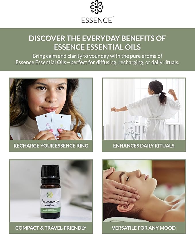 Essence Lemongrass Essential Oil – Pure & Therapeutic Grade – Perfect for Aromatherapy, Diffusers & Recharging Essence Nasal Diffuser Rings – Natural Stress & Mood Support (5mL)