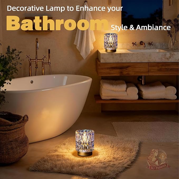 Battery Operated Table Lamps Timer, Mini Crystal Lamp for Area No Plug, Cordless Lamp with LED Bulb for Power Outage, Decorative Lamps for Tabletop/Corner/Entryway/Stairway/Bathroom/Fireplace(2*PEARL)