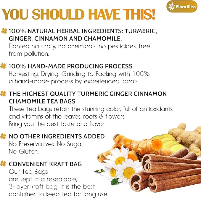 50 Bags Premium Turmeric Ginger Cinnamon Tea with Upgraded Chamomile, Extra Strength 2.2g/Bag, 100% Natural, Caffeine-Free, Vegan, Eco-Friendly, Supports Digestion, Relaxation