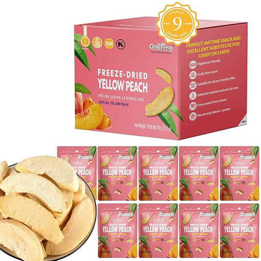 ONETANG Freeze-Dried Fruit Yellow Peach Chips, 9 Pack Single-Serve Pack, Non GMO, Kosher, No Add Sugar, Gluten free, Vegan, Holiday Mothers Day Gifts, Healthy Snack 0.35 Ounce