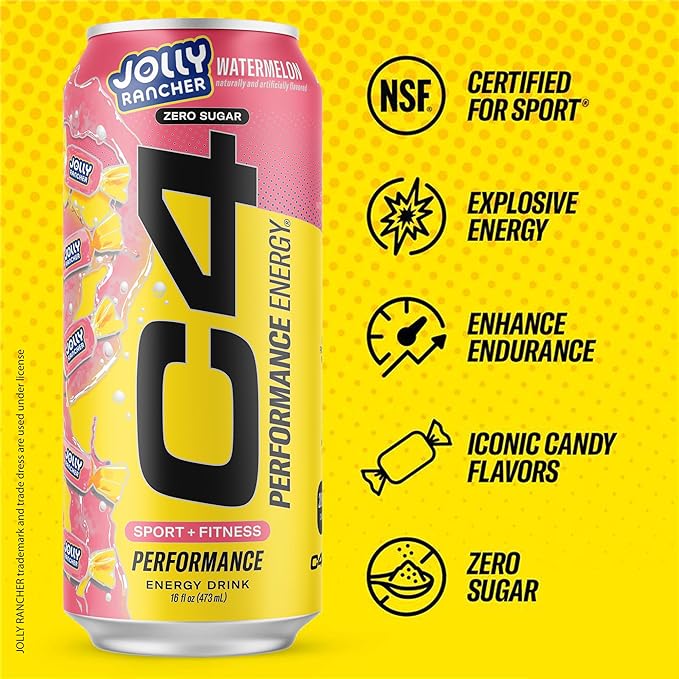Cellucor C4 Performance Energy Drink | JOLLY RANCHER Watermelon | Zero Sugar Carbonated Preworkout Energy | 200mg Caffeine with Beta Alanine | 16 Fl Oz (24 Pack)
