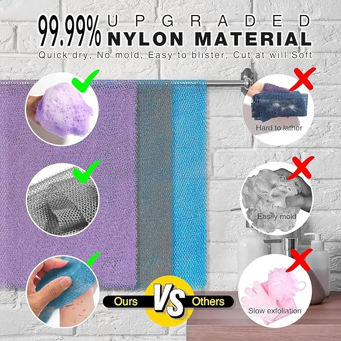 UJFQBH 3 Pieces African exfoliating net African Net Long Net Bath Sponge Exfoliating Shower Body Scrubber Back Scrubber Skin Smoother,Great for Daily Use (Purple Gray Blue)