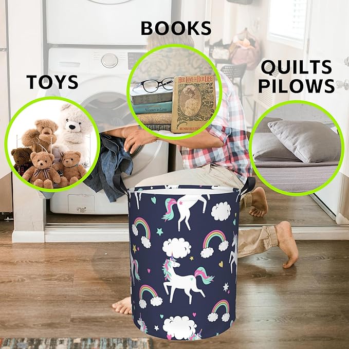 Laundry Basket Unicorns and Rainbows Laundry Hamper Large Laundry Basket Storage Basket Tote Bag Collapsible Organizer Basket for Bathroom,Laundry,Bedroom 17.3 x16.5 Inch