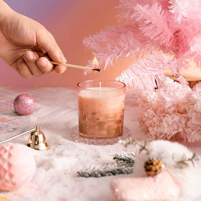 ROMIIE ZOI Christmas Scented Candle - 6oz Soy Wax Candle, Snowy Design, Infused with Floral Aroma - Pink & Gold Gift Box Packaged for Holiday Season Gift