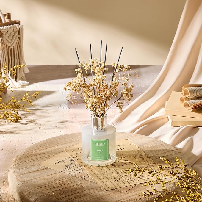 Airkeep Reed Diffuser Set,3.38 fl oz (100 ml) - White Tea Oil Diffusers with 8 Reed Sticks, Home Fragrance Reed Diffuser for Bathroom Shelf Decor