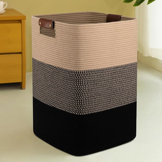 Laundry Hamper 96L Extra Large Laundry Basket, Woven Blanket Basket, Cotton Woven Storage Hamper with Handles for Living Room, Large Baskets for Pillows, Blankets, Clothes-Black & Yellow