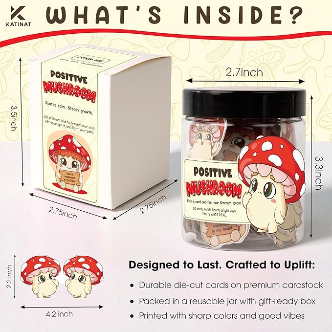 Mushroom Gifts for Women - 60 Positive Mushroom Cards Jar, Daily Affirmation Cards For Womens, Girls - Emotional Support Mushroom - Birthday Gift for Women, Coworkers, Besties - Teen Girl Gifts Trendy