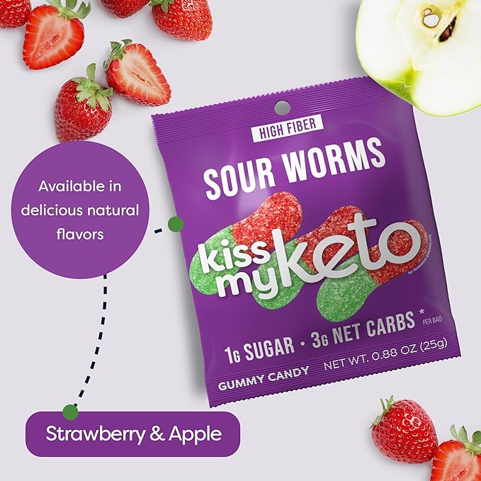 Kiss My Keto Sour Gummy Worms, 8-Pack – Satisfy Cravings while Staying in Ketosis – High Fiber, 3g Net Carbs, Non-GMO, Vegan, & No Gluten – Fruity Sugar Free Gummies