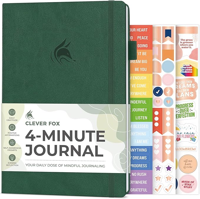 Clever Fox Four-Minute Journal – Daily Positivity Journal with Prompts – Motivational Affirmation, Mental Health & Habit Tracker (Forest Green)
