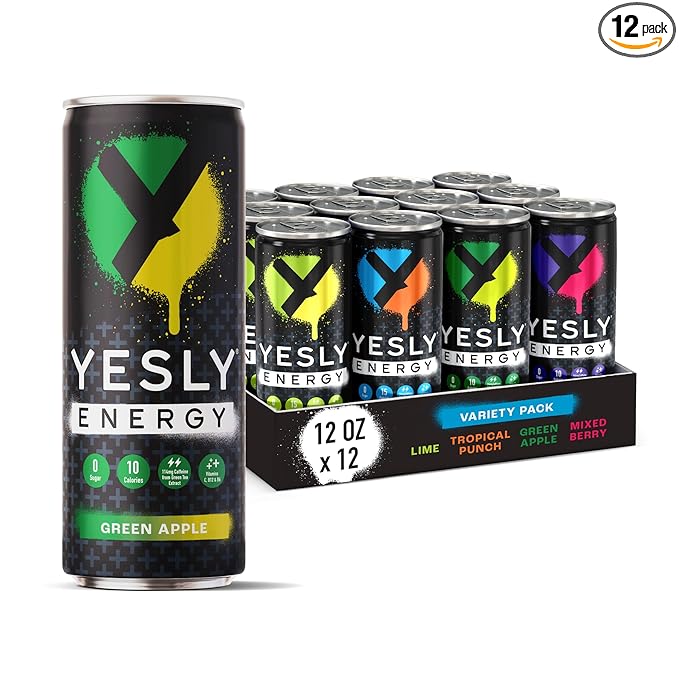 Yesly Energy Drink, Variety Pack, Naturally Flavored Sparkling Energy Drink With Electrolytes, Magnesium, Potassium, Vitamin C, B6 & B12, Natural Caffeine From Green Tea, 12 Fl Oz Cans, 12 Pack