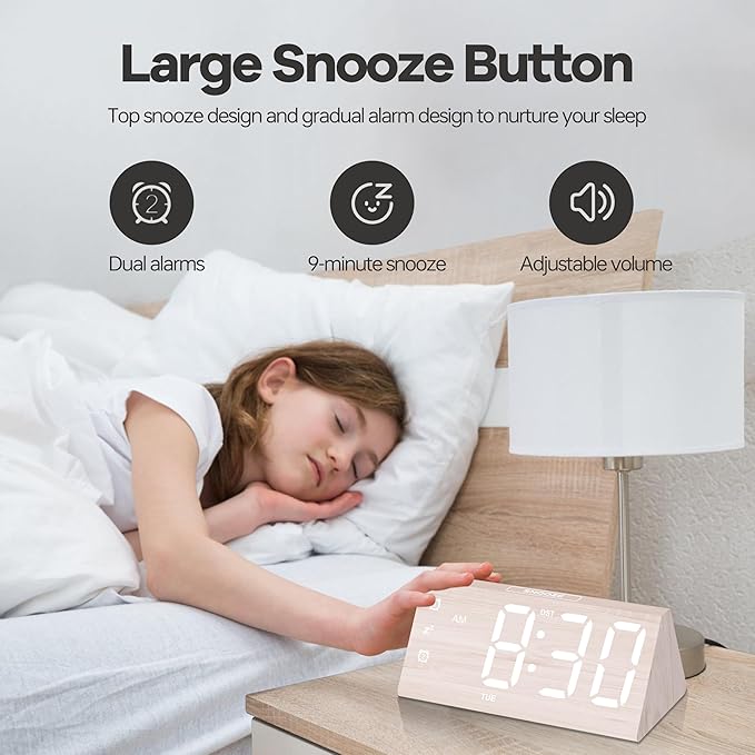 Digital Alarm Clock, with Wooden Electronic LED Time Display, 3 Alarm Settings, Humidity & Temperature Detect, Wood Made Electric Clocks for Bedroom, Bedside, Desk (White-Big Bold)