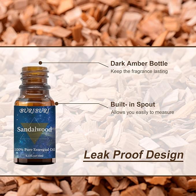 BURIBURI Sandalwood Essential Oils for Diffuser, Skin, Hair, 100% Pure, Fragrance Oil for Candle Soap Perfume Making, Natural, Organic Aromatherapy Sandalwood Oils 10ML