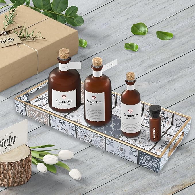 Bathroom Vanity Tray for Countertop, Small Plastic Toilet Tank Tray Versatile Storage & Organization Tray for Makeup, Perfume, Desk, Kitchen, Candles, 13.7"x6"x1.4", 35Boho3