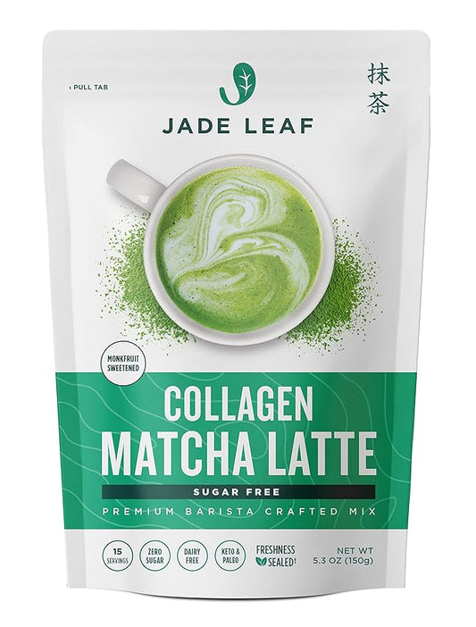 Jade Leaf Matcha Café Style Sugar Free Matcha Latte Green Tea Powder with Grass Fed Collagen, Monkfruit Sweetened, Premium Barista Crafted Mix, Authentically Japanese, 15 Servings (5.3 Ounces)