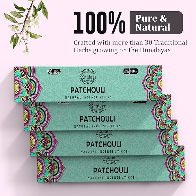Raajsee Patchouli Incense Sticks (180 gm), 100% Pure Organic Natural Hand Rolled Free from Chemicals - Patchouli Incense Perfect for Aromatherapy, Cleansing, Meditation, and Church(Pack of 12)