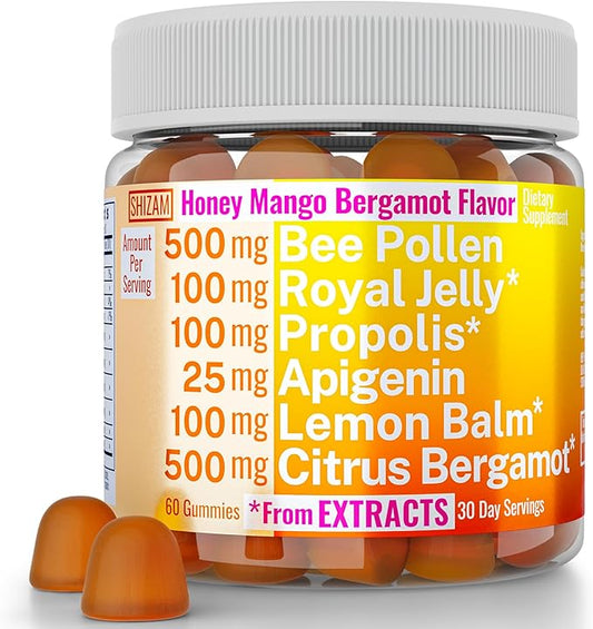 Bee Pollen Apigenin Citrus Bergamot Gummies w Organic Propolis Royal Jelly Honey Lemon Balm Extract, Supplement for Men Kids, Tincture Drops Powder Capsule Herb Capsules Supplements Alt, Pollan Polen