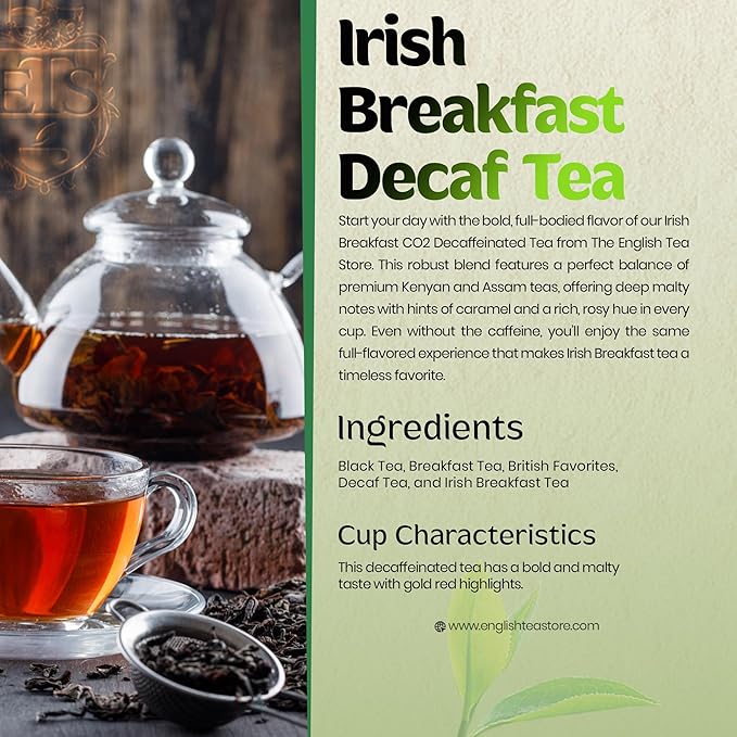 CO2 Decaffeinated Irish Breakfast Tea Pouches - 4oz | Loose Leaf Black Tea | Bold Full-Bodied Flavor | Blend of Assam and Kenyan Teas | Naturally Decaffeinated Using CO2 Process