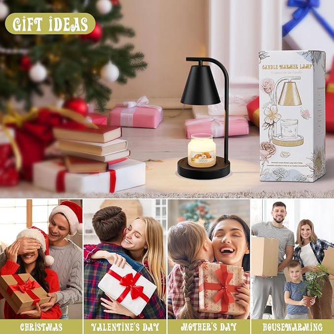 Hong-in Candle Warmer Lamp - with Timer & Dimmer, Modern Home Decor House Warming Gifts Wax Melt Warmer for Jar Candles with 2 Bulbs, Cozy Birthday Gift for Women Mom (Black)