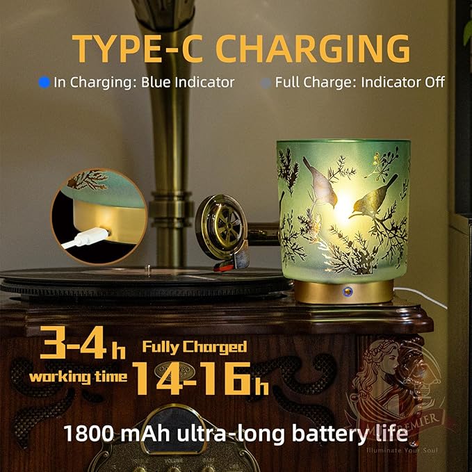 Cordless Rechargeable Table Lamp, Glass USB-C Decorative Small Accent Lamps for Entryway/Stairway/Bathroom/Corner, Touch Control Dimmable Battery Operated Lamp, Emergency Lamps for Power Outage