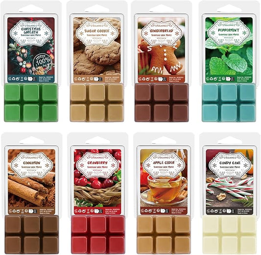 Winter Scented Wax Melts, Christmas Soy Wax Melts Gift Set, Wax Cubes/Tarts for Warmer - Christmas Wreath, Gingerbread, Sugar Cookie, Peppermint, Cinnamon, Cranberry, Apple Cider, Candy Cane, 8x2.6 oz